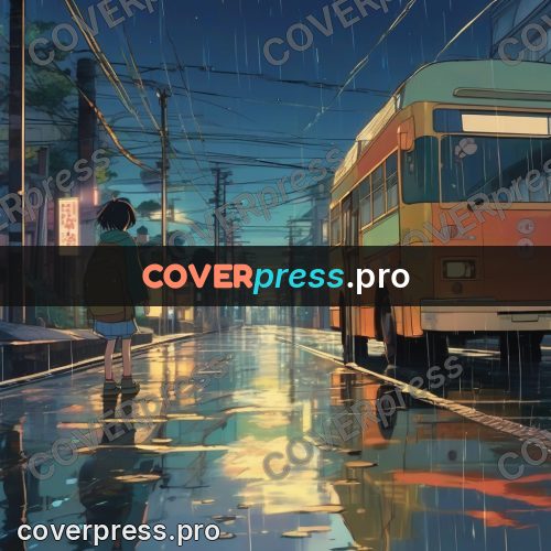 Shinkai style anime landscape: bus on a wet street