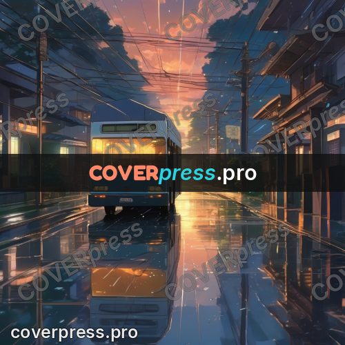 Shinkai style anime landscape: bus on a wet street