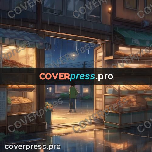 Shinkai style anime landscape: bakery window in the evening