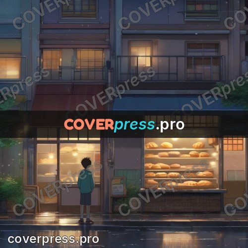 Shinkai style anime landscape: bakery window in the evening