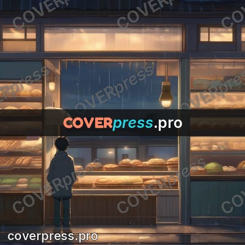 Shinkai style anime landscape: bakery window in the evening