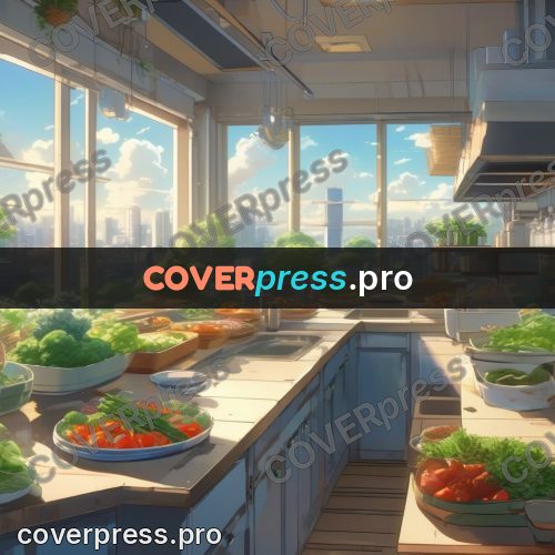 Shinkai style anime landscape: kitchen with a city window