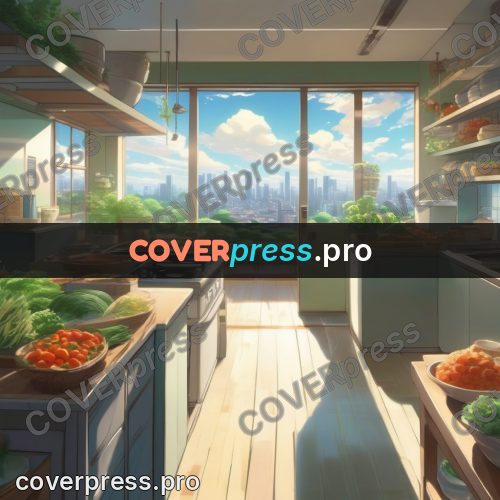 Shinkai style anime landscape: kitchen with a city window