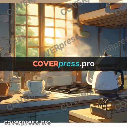 Shinkai style anime landscape: kettle on a stove