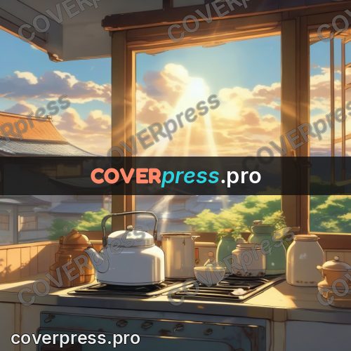Shinkai style anime landscape: kettle on a stove