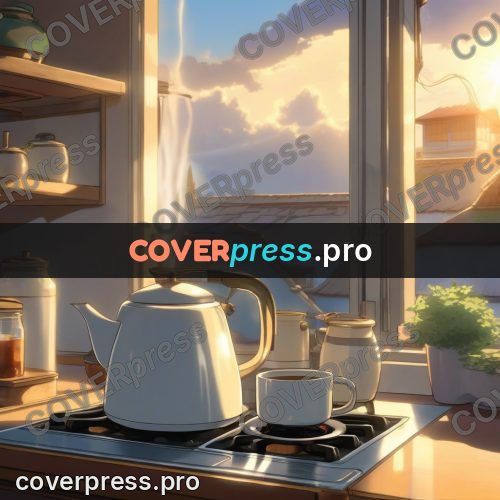Shinkai style anime landscape: kettle on a stove