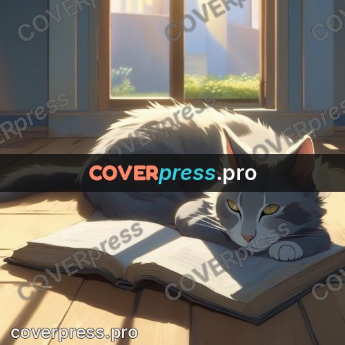 Shinkai style anime landscape: grey cat on a book