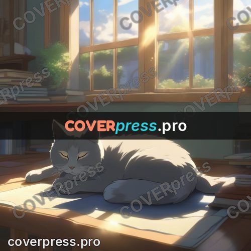Shinkai style anime landscape: grey cat on a book