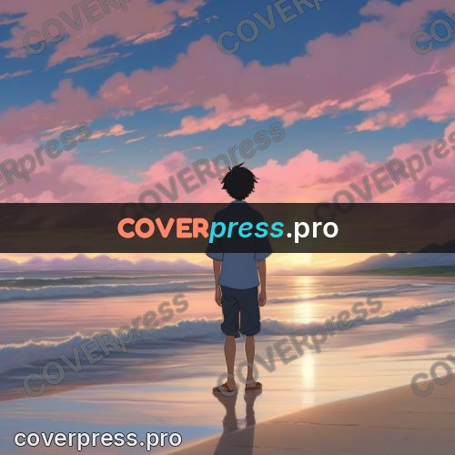 Shinkai style anime landscape: figure on a beach at sunset