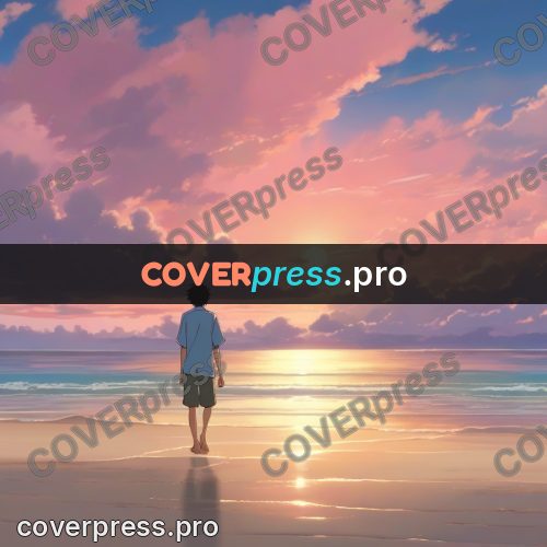 Shinkai style anime landscape: figure on a beach at sunset