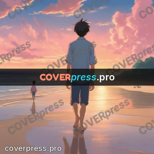Shinkai style anime landscape: figure on a beach at sunset