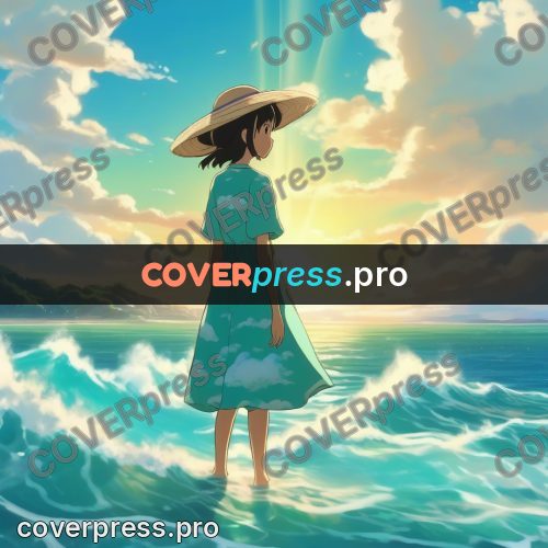Shinkai style anime landscape: girl in a straw hat