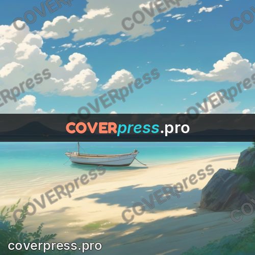 Shinkai style anime landscape: boat on a turquoise shore