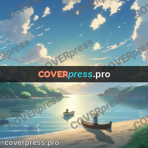 Shinkai style anime landscape: boat on a turquoise shore