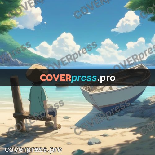 Shinkai style anime landscape: boat on a turquoise shore