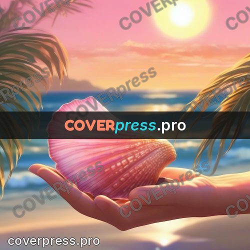 Shinkai style anime landscape: pink shell on the shore