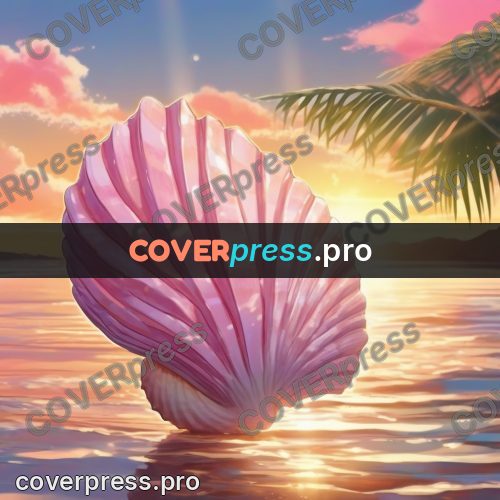 Shinkai style anime landscape: pink shell on the shore
