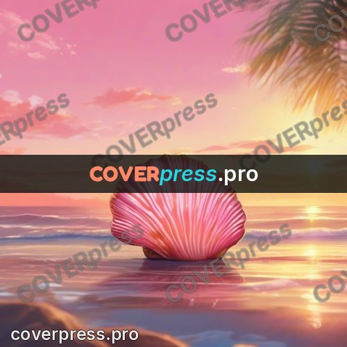 Shinkai style anime landscape: pink shell on the shore