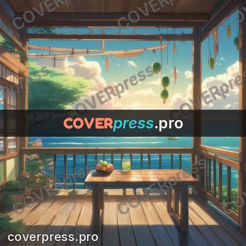 Shinkai style anime landscape: table on a seaside veranda