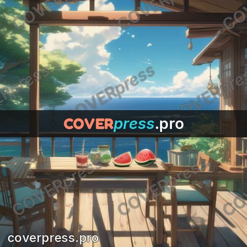 Shinkai style anime landscape: table on a seaside veranda