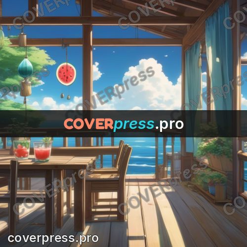 Shinkai style anime landscape: table on a seaside veranda