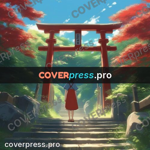 Shinkai style anime landscape: red gate above stone steps
