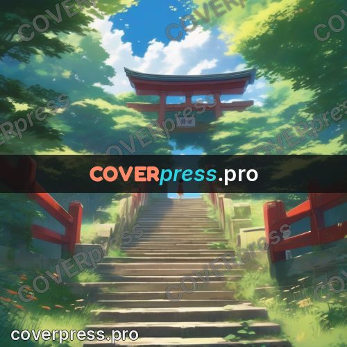 Shinkai style anime landscape: red gate above stone steps