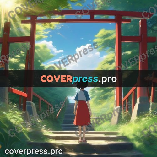 Shinkai style anime landscape: red gate above stone steps