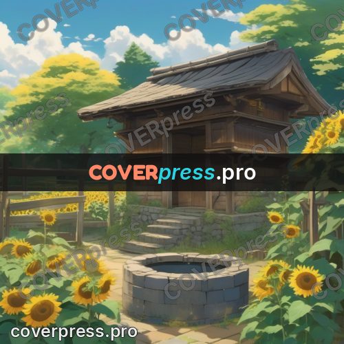 Shinkai style anime landscape: wooden house among sunflowers