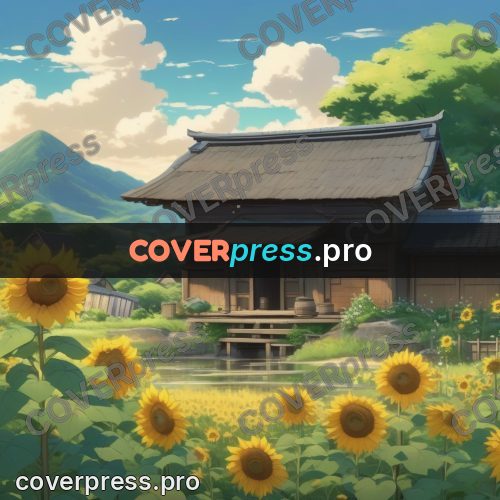 Shinkai style anime landscape: wooden house among sunflowers