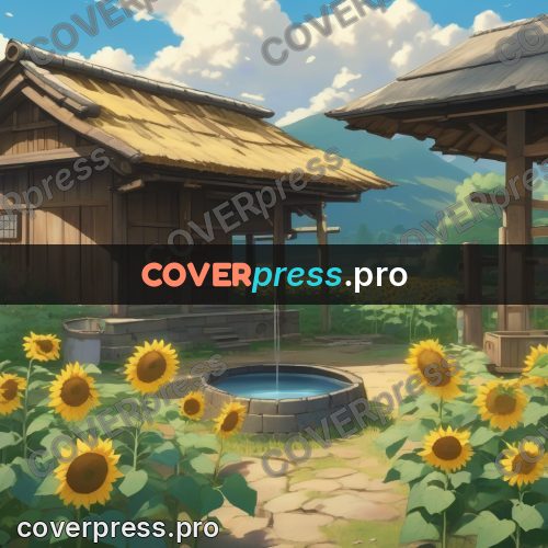 Shinkai style anime landscape: wooden house among sunflowers