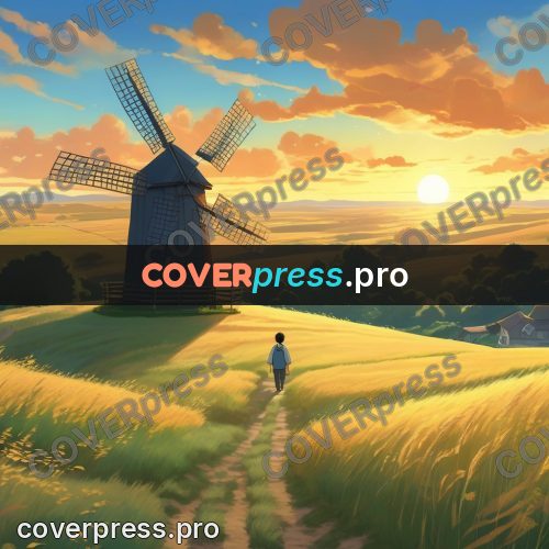 Shinkai style anime landscape: windmill in a golden field