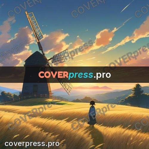 Shinkai style anime landscape: windmill in a golden field