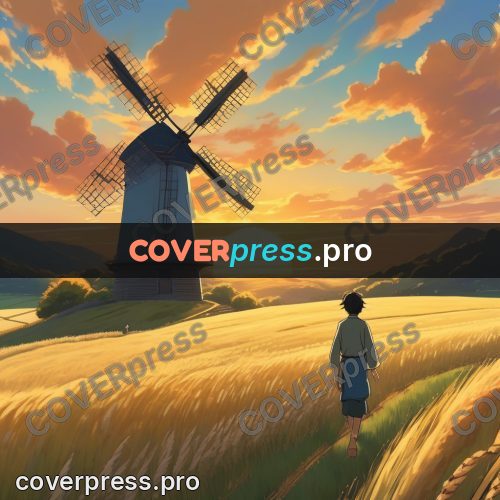 Shinkai style anime landscape: windmill in a golden field