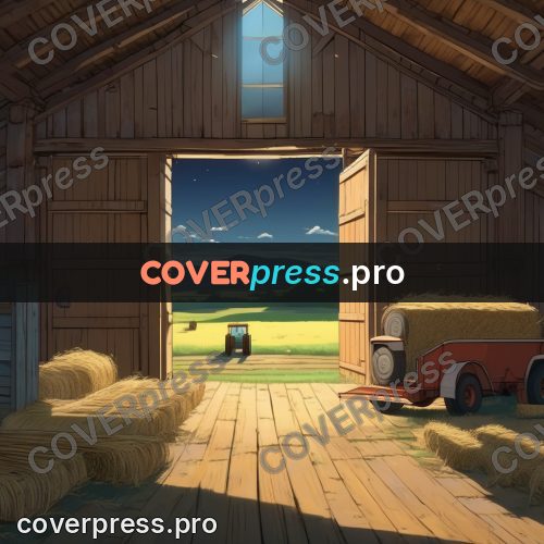 Shinkai style anime landscape: wooden barn with an open door