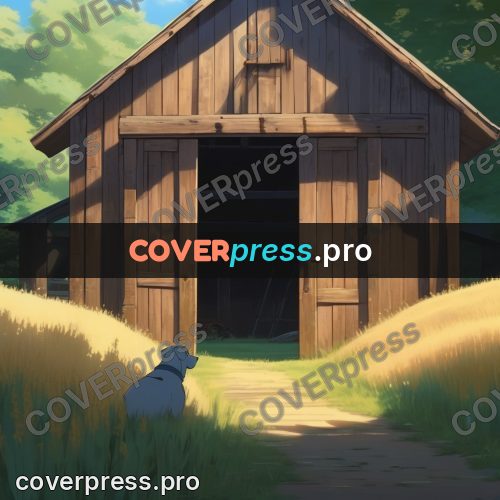 Shinkai style anime landscape: wooden barn with an open door