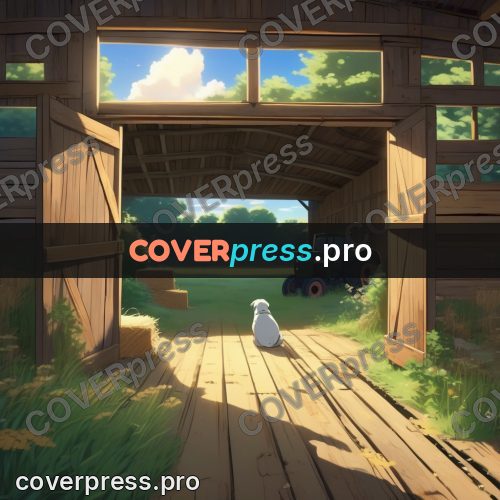 Shinkai style anime landscape: wooden barn with an open door