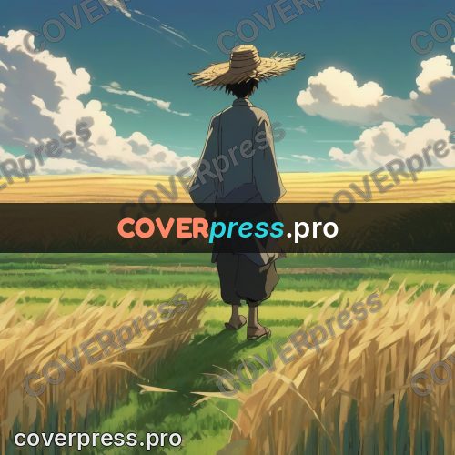 Shinkai style anime landscape: figure in a straw hat
