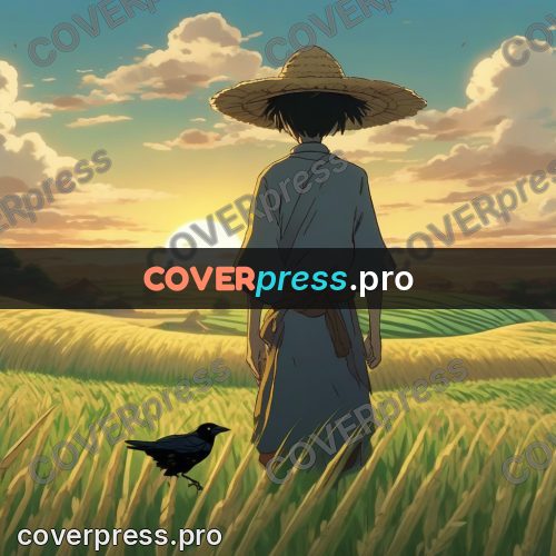 Shinkai style anime landscape: figure in a straw hat