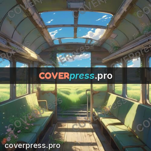 Shinkai style anime landscape: overgrown railcar inside