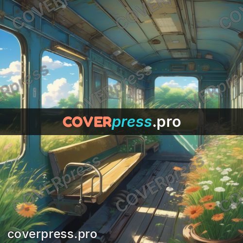 Shinkai style anime landscape: overgrown railcar inside