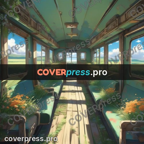 Shinkai style anime landscape: overgrown railcar inside