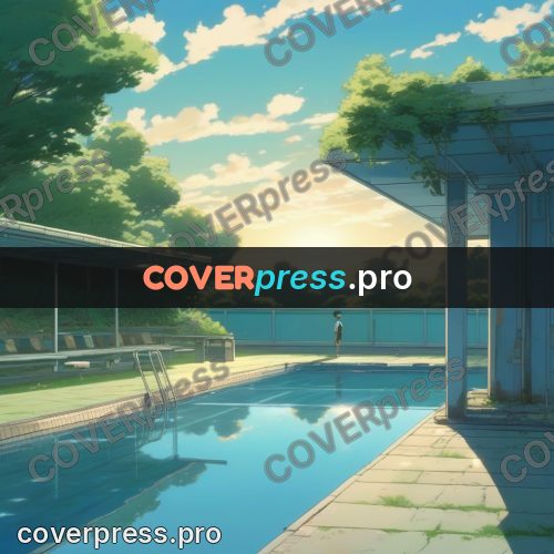 Shinkai style anime landscape: pool under the clouds
