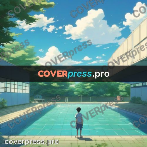 Shinkai style anime landscape: pool under the clouds