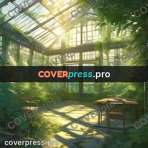 Shinkai style anime landscape: overgrown glass greenhouse