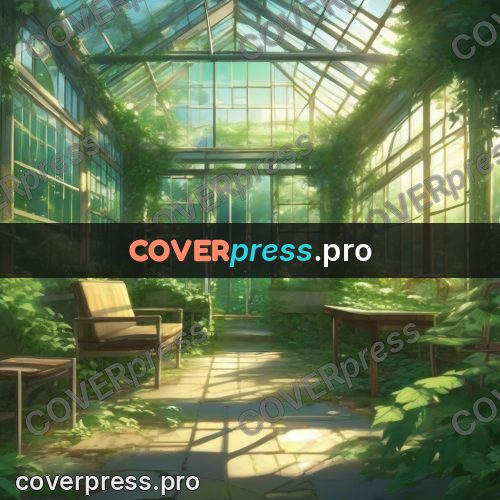Shinkai style anime landscape: overgrown glass greenhouse