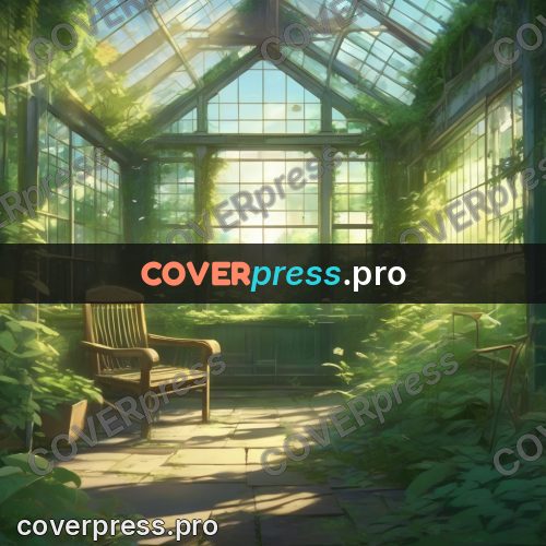 Shinkai style anime landscape: overgrown glass greenhouse