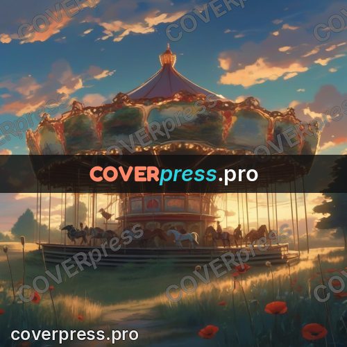 Shinkai style anime landscape: carousel in a meadow