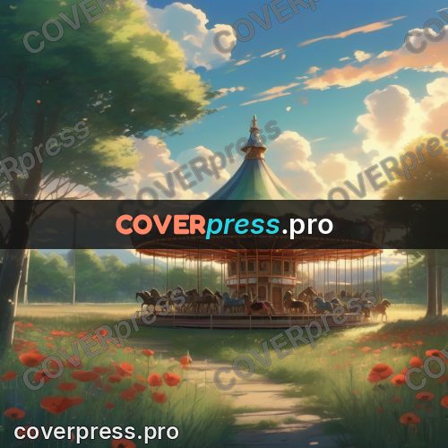 Shinkai style anime landscape: carousel in a meadow