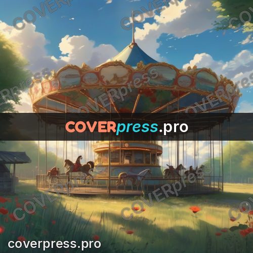 Shinkai style anime landscape: carousel in a meadow